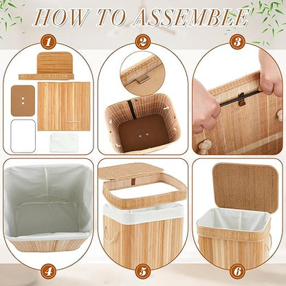 2 Pack 21 Gallon Bamboo Slim Trash Can with Lid Large Foldable Slim Rectangular Garbage Can Laundry Basket Bamboo Waste Basket for Bathroom Bedroom Office Home Salon Spa (Wooden Color)