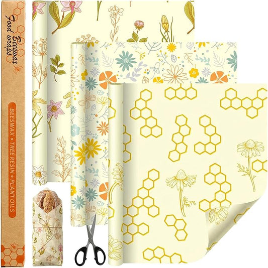 3 Rolls Beeswax Wraps for Food 13'' x 59'' Bees Wax Wraps Reusable Bees Beeswax Storage Wrap for Food Sustainable Honeycomb Floral Organic Cotton Wrap for Bread Sandwich Cheese Fruit