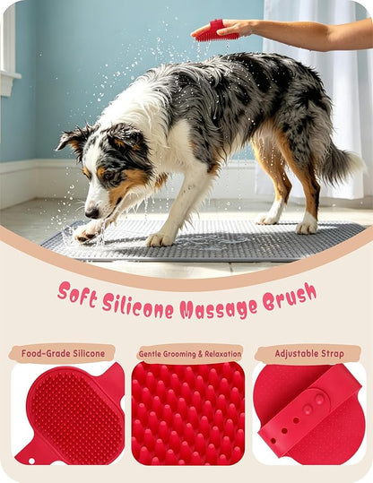Pet Grooming Set, Dog Bathing Supplies, Bathing Glove, Towels, and Shampoo Brush, Finger-Sleeve Toothbrush for Dogs and Cats, Including a Comb Set, Suitable for Small Dogs and Cats 9-Piece (Pink)