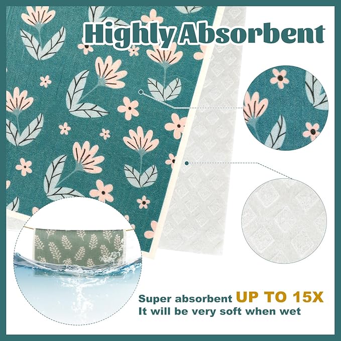 Green Swedish Dishcloths for Kitchen, 6 PCS Swedish Dish Cloths, Super Absorbent Washable Reusable Floral Cloths Dish Towel, No Odor Cellulose Sponge (Dark-Green)