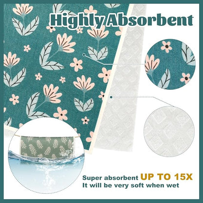 Green Swedish Dishcloths for Kitchen, 6 PCS Swedish Dish Cloths, Super Absorbent Washable Reusable Floral Cloths Dish Towel, No Odor Cellulose Sponge (Dark-Green)