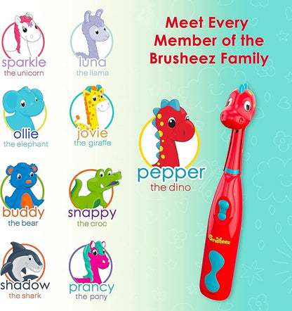 Brusheez Kids’ Electric Toothbrush Set - Safe & Effective for Ages 3+ - Parent Tested & Approved with Gentle Bristles, 2 Brush Heads, Rinse Cup, 2-Minute Timer, & Storage Base (Pepper the Dino)