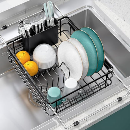 Over the Sink Dish Drying Rack,In Sink Dish Drying Racks,Expandable Dish Rack Over Sink Counter,Adjustable Dish Drainer for Inside Sink with Utensil Holder, Stainless Steel Dish Strainer Large Size