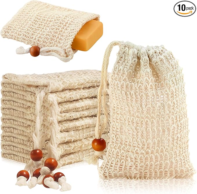 10 Pack Sisal Soap Saver Bags - Exfoliating Foaming Mesh Bar Soap Pouch with Drawstring, Reusable Shower & Bath Body Scrubber, Fast Drying