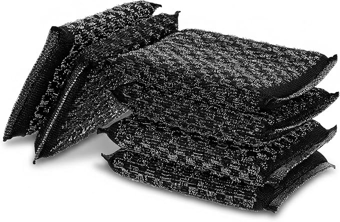 6 Pack Steel Wool Scrubber Sponges, Heavy Duty Stainless Steel Scouring Pads Reusable Non Scratch Kitchen Metal Sponges Cleaning Tool for Pots and Pans Tough Grease & Grime (Black, Diamond Pattern)