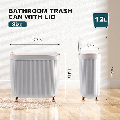 Supteron Bathroom Trash Can with Lid 3.2 Gallon Narrow Trash Can Small Plastic Trash Bin 12 Liter Rectangular Plastic Garbage Can with Press Type Lid for Bedroom Bathroom Milk White