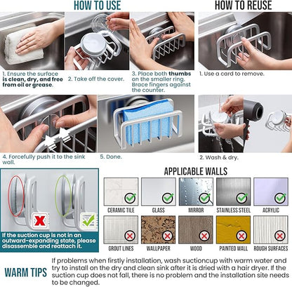 TAILI Sink Caddy with Strong Suction Cup, Sponge Holder for Kitchen Sink Oganizer, Removable Rustproof Aluminum Sponge Holder, Dish Brush for Scraper - Silver