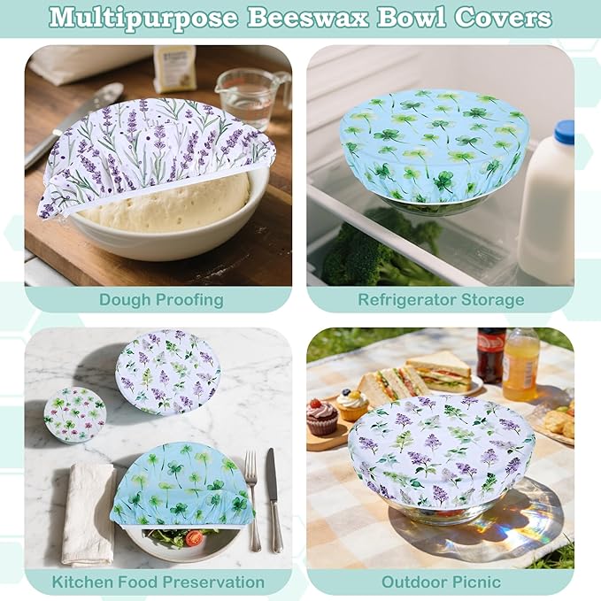 5-Size Reusable Beeswax Bowl Covers for Bread Proofing, Cotton Cloth Flexible Beeswax Wraps for Food Storage(Lavender)