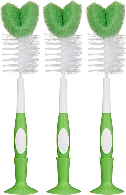 Amazon Brand - Mama Bear Baby Bottle Brush with Nipple Cleaner and Suction Cup Stand,White,3 Count (Pack of 12)