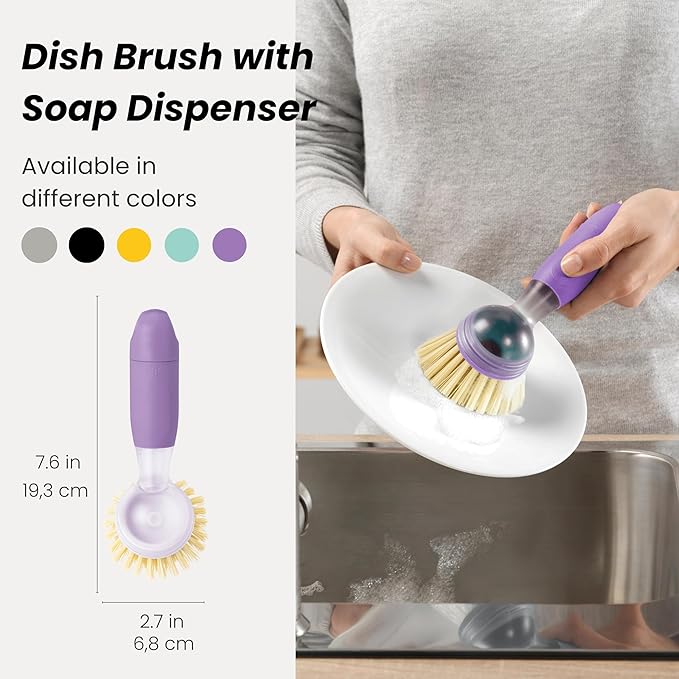 Vigar Rengo Dish Brush with Soap Dispenser - Dish Scrubber with Handle, Kitchen Scrub Brush for Dishes, Sink Cleaning Brush, Soap Dispensing Dish Wand with Nylon Bristles, Non Scratch - Purple
