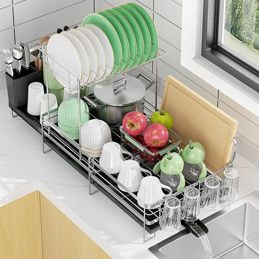 Large 2 Tier Dish Drying Rack, Extendable Dish Rack, Stainless Steel Anti-Rust Dish Rack for Kitchen Counter, Multifunctional Dish Drainer with Utensil & Cup Holder, 13.4"-28.7" L x 11.8" W