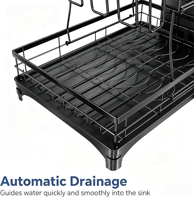 Simple Trending Dish Drying Rack, Stainless Steel Dish Racks for Kitchen Counter, Large Capacity 2-Tier Dish Drainer Organizer with Utensil Holder, Black
