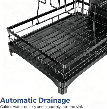 Simple Trending Dish Drying Rack, Stainless Steel Dish Racks for Kitchen Counter, Large Capacity 2-Tier Dish Drainer Organizer with Utensil Holder, Black