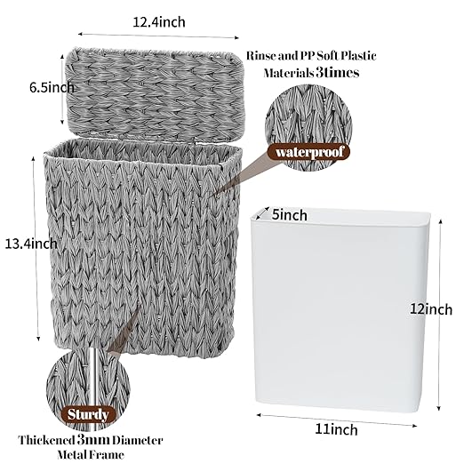 Coeusy 3 Gallon Wicker Trash Can,Grey Bathroom Trash Cans with Lid,Waterproof Slim Waste Basket for Bedroom,Home Office,Narrow Garbage Can with Removable Liner