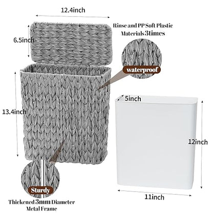 Coeusy 3 Gallon Wicker Trash Can,Grey Bathroom Trash Cans with Lid,Waterproof Slim Waste Basket for Bedroom,Home Office,Narrow Garbage Can with Removable Liner