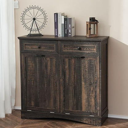 AHB Double Tilt Out Trash Can Cabinet Freestanding Kitchen Trash Can, 2x13 Gallons Hidden Garbage Recycling Cabinet with Hideaway Drawers Pet Proof Trash Can Holder for Kitchen, Rustic Brown