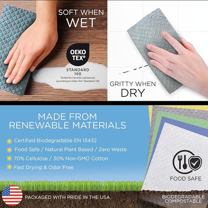 LOLA Swedish Dishcloths for Kitchen XL, 36 3x12 Sheet Rolls, Biodegradable, Compostable, Reusable Paper Towel Cleaning Cloths, 11" x 10" No Odor Washing Dishes, Ultra Absorbent Cellulose Sponge Towel