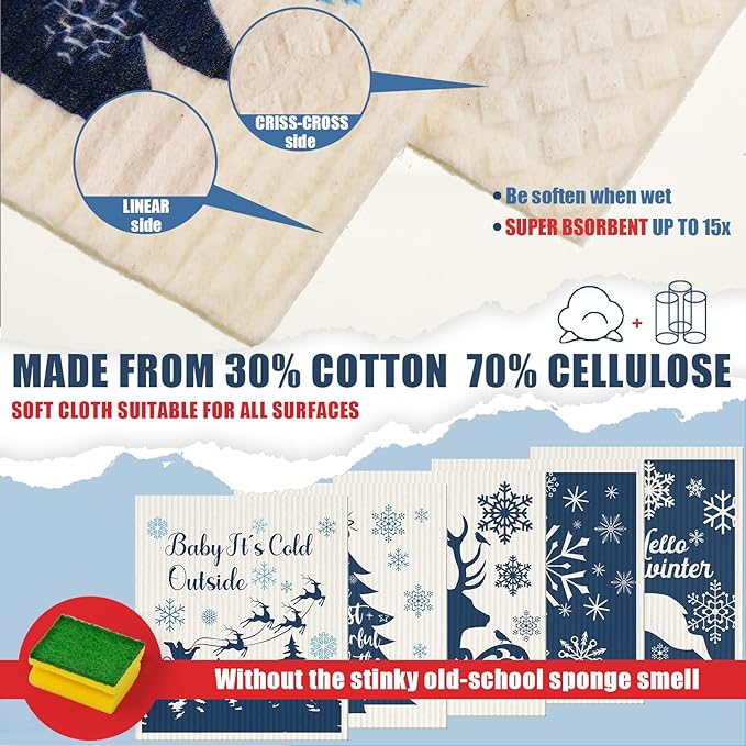 Cunhill 6 Pcs Swedish Kitchen Dish Cloths Kitchen Towels Reusable Sponge Cleaning Cloths Wipes Absorbent Dish Cloth Quick Drying Washable Decorative Tea Towels No Odor Bar Hand Towel (Blue Christmas)