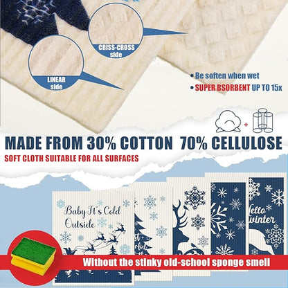 Cunhill 6 Pcs Swedish Kitchen Dish Cloths Kitchen Towels Reusable Sponge Cleaning Cloths Wipes Absorbent Dish Cloth Quick Drying Washable Decorative Tea Towels No Odor Bar Hand Towel (Blue Christmas)
