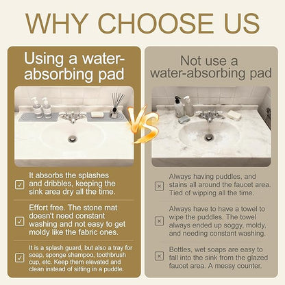 15.7"*3.9" Mid-Size Stone faucet mat for Kitchen sink, Kitchen sink splash guard, Bathroom sink faucet mat, Drying tray for Kitchen Counter & Bathroom vanity, Soap dish Soap tray Vanity tray (white)