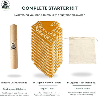 Reusable Paper Towels | 24-Pack Vintage French Country Lace in Gold Ochre | Organic Cotton Flannel | Paperless Towels with Wash Bag & Tube for Zero Waste Kitchen