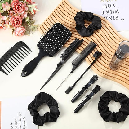 15 Pcs Slick Back Hair Brush Set, Bristle Comb with Spray Bottle,Hair Clip,Edge Brush for Women, Men (Black)