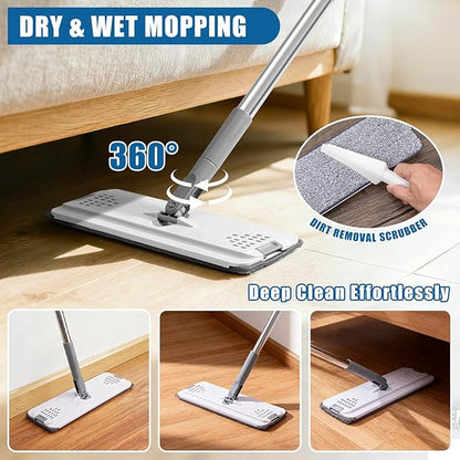 Flat Mop and Bucket Set with Floor Squeegee, Heavy Duty Scrub Brush, 2 Washable Reusable Microfiber Pads, for Tile Hardwood, Wall Cleaning, Home Indoor or Outdoor Cleaning (White-Gray)
