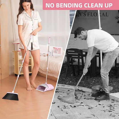 BSKLIN Pink Broom and Dustpan Set, 52-in Handle Broom Dustpan Combo Set Household Hand Broom with Dustpan Teeth to Clean Hair for Home Kitchen Office Lobby Sweeping Indoor（Pink）