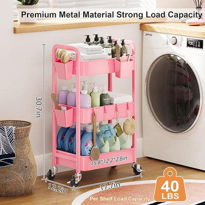3 Tier Pink Rolling Cart with Lockable Wheels, Metal Utility Carts Organizer on Wheels for Kitchen, Nursery, Snack, Bedside Cart for Baby Essentials, Easy Assemble Mobile Storage Roller Trolley