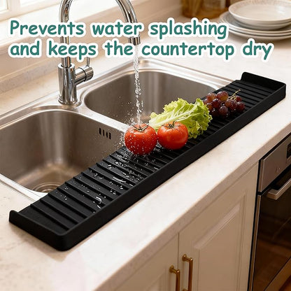 Silicone Sink Edge Protector Splash Guard,Sink Granite Edge Protector,20x4 Inch with Suction Cups & 5°Tilt, Cuttable for Kitchen Bathroom Countertops, Granite Quartz Surfaces (Black)