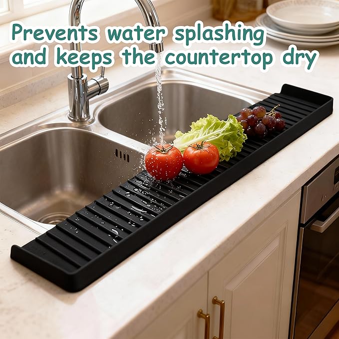Silicone Sink Edge Protector Splash Guard,Sink Granite Edge Protector,24x4 Inch with Suction Cups & 5°Tilt, Cuttable for Kitchen Bathroom Countertops, Granite Quartz Surfaces (Black)