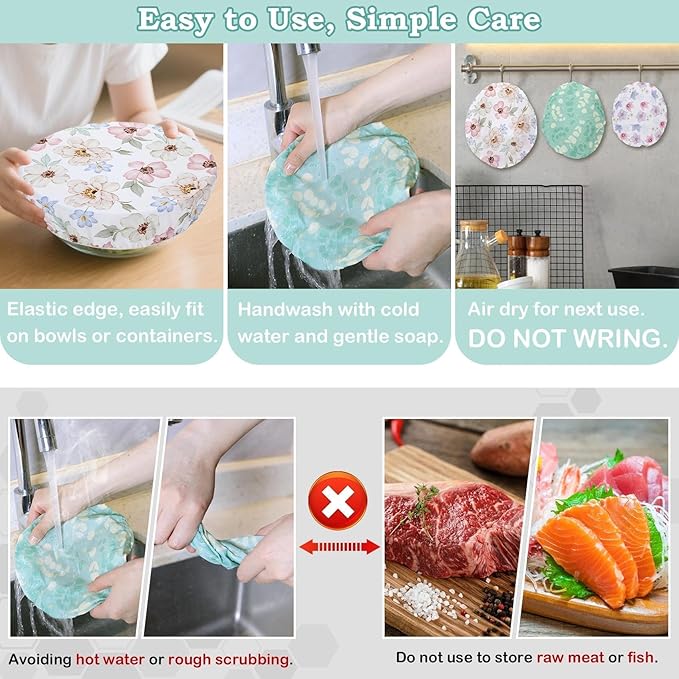 5-Size Reusable Beeswax Elastic Bowl Covers for Bread Proofing, Cotton Cloth Flexible Beeswax Wraps for Sourdough Cover and Food Storage Shower Caps for Sourdough Bread