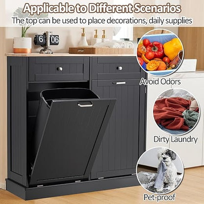 AHB Double Tilt Out Trash Can Cabinet Hidden Kitchen Trash Can, 2x13 Gallons Freestanding Recycling Cabinet with Hideaway Drawers Pet Proof Trash Can for Kitchen Living Room, Black