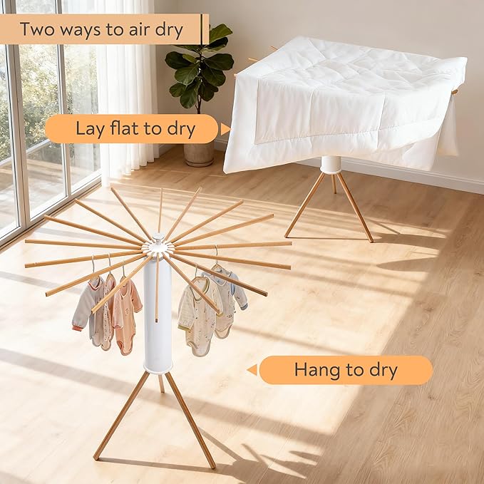 ZOFGENOW Clothes Drying Rack, Foldable Wooden Tripod Drying Rack Clothing for Small Apartments Balcony Bedroom, Portable Space Saving Laundry Rack, Floor Standing with 16 Poles for Indoor Air Drying