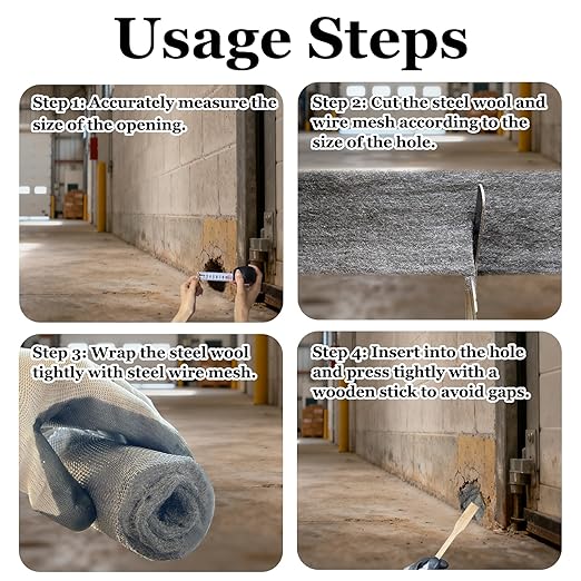 Steel Wool Mice Control, 3 Pack 2.75" x 13FT 0000 Steel Wool for Mice Control & 1 Pack 5" x15FT Stainless Wire Mesh with Wooden Stick & Gloves & Scissors, Hole Filler for House Walls Garden Garage