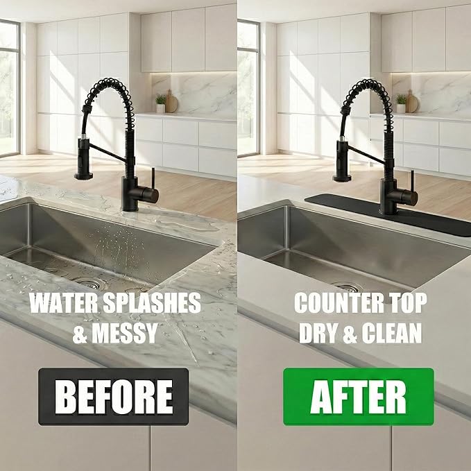 Customizable Kitchen Sink Faucet Mat: 24Lx5.5W Black Bathroom Counter Protector Drip Catcher - Splash Guard with Pre-Cut Center Hole, DIY to Fit Irregular Sink with 2, 3 Holes & Soap Dispenser