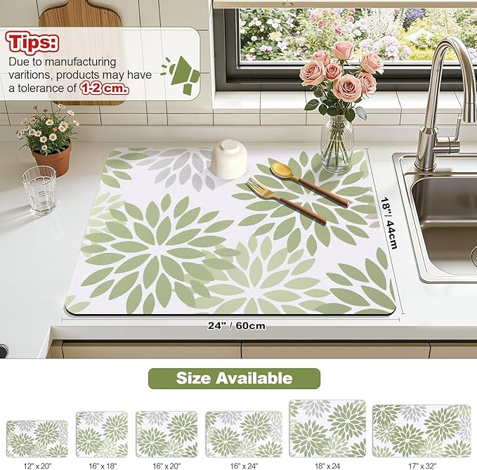Findosom Floral Dish Drying Mat, 18" x 24" Super Absorbent & Hide Stain Coffee Mat, Cuttable Drying Mat for Kitchen Counter, Under Dish Rack, Coffee Maker, Espresso Machine, Sage Green