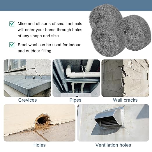 Steel Wool Mice Control, 3 Pack 3" x 11.5 Ft Mouse Hole Filler, Mice Barrier Mouse Gap Filler for Garden, House, Garage, Prevent Animals from Entering Holes, Siding, Pipeline, Vents