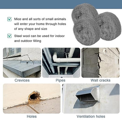 Steel Wool Mice Control, 3 Pack 3" x 11.5 Ft Mouse Hole Filler, Mice Barrier Mouse Gap Filler for Garden, House, Garage, Prevent Animals from Entering Holes, Siding, Pipeline, Vents
