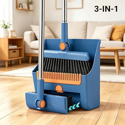 3in1 Broom and Dustpan Combo with Cleaning Teeth, Adjustable Long Handle, 180° Rotating Broom,Ideal for Pet Hair, Indoor Outdoor Heavy Duty Floor Sweeping (Blue)
