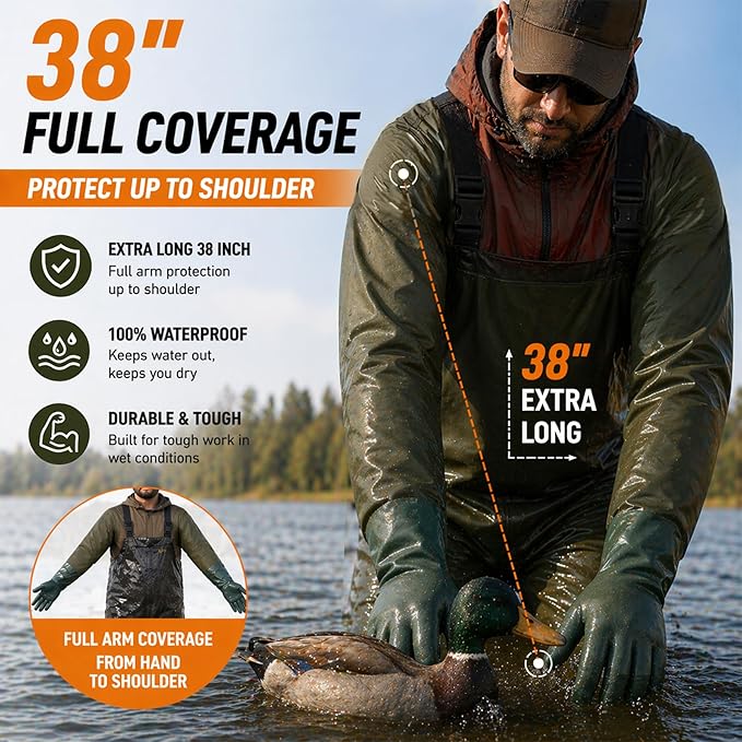 38″ PVC Waterproof Shoulder-Length Decoy Gloves – Heavy-Duty Trapping & Outdoor Protection, Insulated Arm Coverage for Hunting, Fishing & Work
