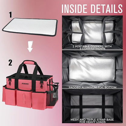 SCAVATA Wearable Cleaning Caddy Bag, Cleaning Caddy Supplies Organizer with Handle & Shoulder Straps for Housekeepers, Under Sink & Car Cleaning Tool Organizers with 4 Foldable Divider (RoseRed)