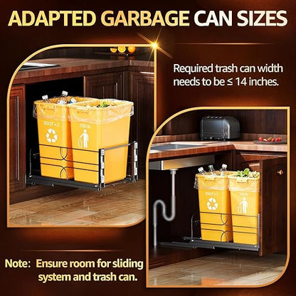 Double Pull Out Trash Can Under Cabinet with Soft-Close Slides, 200LB Heavy-Duty Black Under Sink Trash Can Pull Out for Kitchen, Fits Minimum Cabinet Opening 16" W x 23" D, Can Not Included