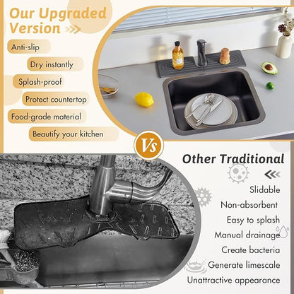 18 Inch Faucet Mat for Kitchen Island Sink, Wider Instant Dry Sink Protector for Countertop, Stone Sink Caddy Diatomaceous Earth Stone Drying Tray Around Faucet for Kitchen Bathroom RVs, Dark Grey