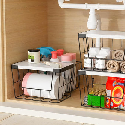 Trash Bag Holder Dispenser 2-Pack, Under Sink Organizer with Wood Lid & Wall Mount, Large Capacity for 13 Gallon Kitchen Trash Bags, Plastic Bag Storage for Laundry Room and Pantry Organization
