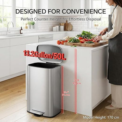 13 Gallon Trash Can (50L) and 1.6 Gallon (6L) Kitchen Trash Can Combo Set, Stainless Steel Garbage Can with Lid and Step-on Pedal, Soft Close Waste Bin with Inner Bucket for Home & Office