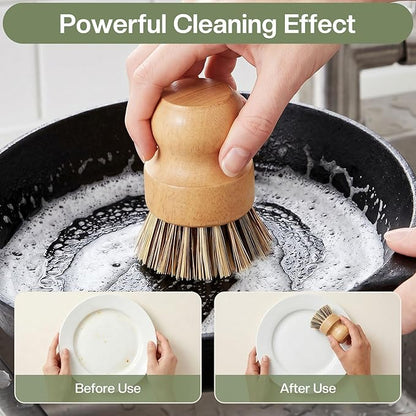 Wooden Dish Brush with Metal Stand Handheld Bamboo Wok Brush Scrubber for Dishes Pans Pots Fruit and Veggie Washing(1,Beige Brown)