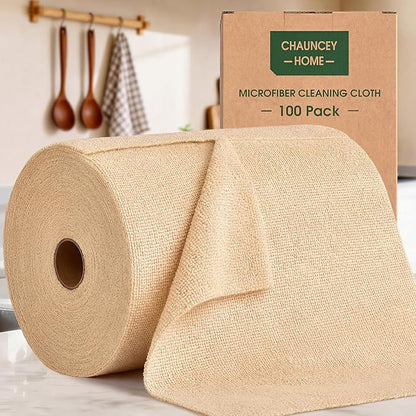Microfiber Cleaning Cloth Roll - 100 Pack Tear Away Microfiber Paper Towels, Reusable, Washable, Scratch-Free, Kitchen Towels for Car, Home, Kitchen, Glass, Dishes (Wheat Beige)