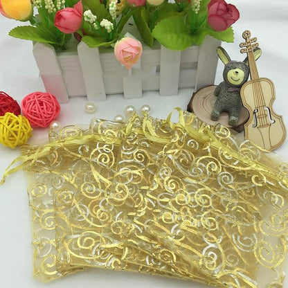 100 Pcs 5x7 inch Gift Wrap Bags Gold Rattan, Organza Sheer Clear Tulle Fabric, Drawstring Mesh Bags for Baby Shower Favor, Jewelry, Birthday Party Favor,Sachet,Christmas Favour,Craft Business,Jewelery