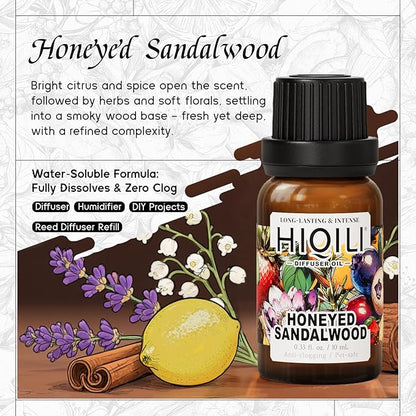 HIQILI Honeyed Sandalwood Diffuser Oil for Car Air fresheners, Ultrasonic or Reed Diffuser, Relaxing & Cozy, Hotel Scent - 0.34 Fl Oz